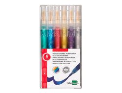 Rotulador con efecto purpurina metalizada y punta reversible en colores surtidos. Caja de 6 unidades.