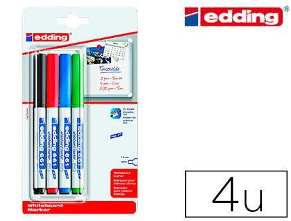 Rotulador edding para pizarra blanca 661 punta redonda 1-2 mm blister de 4 unidades colores surtidas recargable