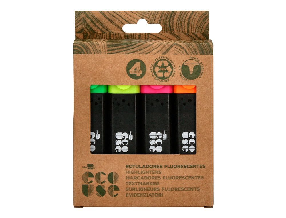 Rotulador liderpapel ecouse fluorescente fabricado con 68% plastico reciclado caja de 4 unidades colores surtidos