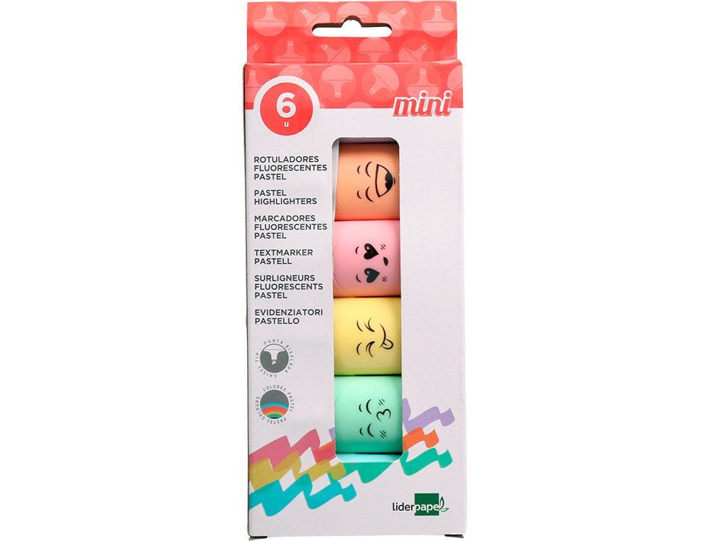 Rotulador liderpapel mini fluorescente pastel punta biselada estuche de 6 unidades colores surtidos