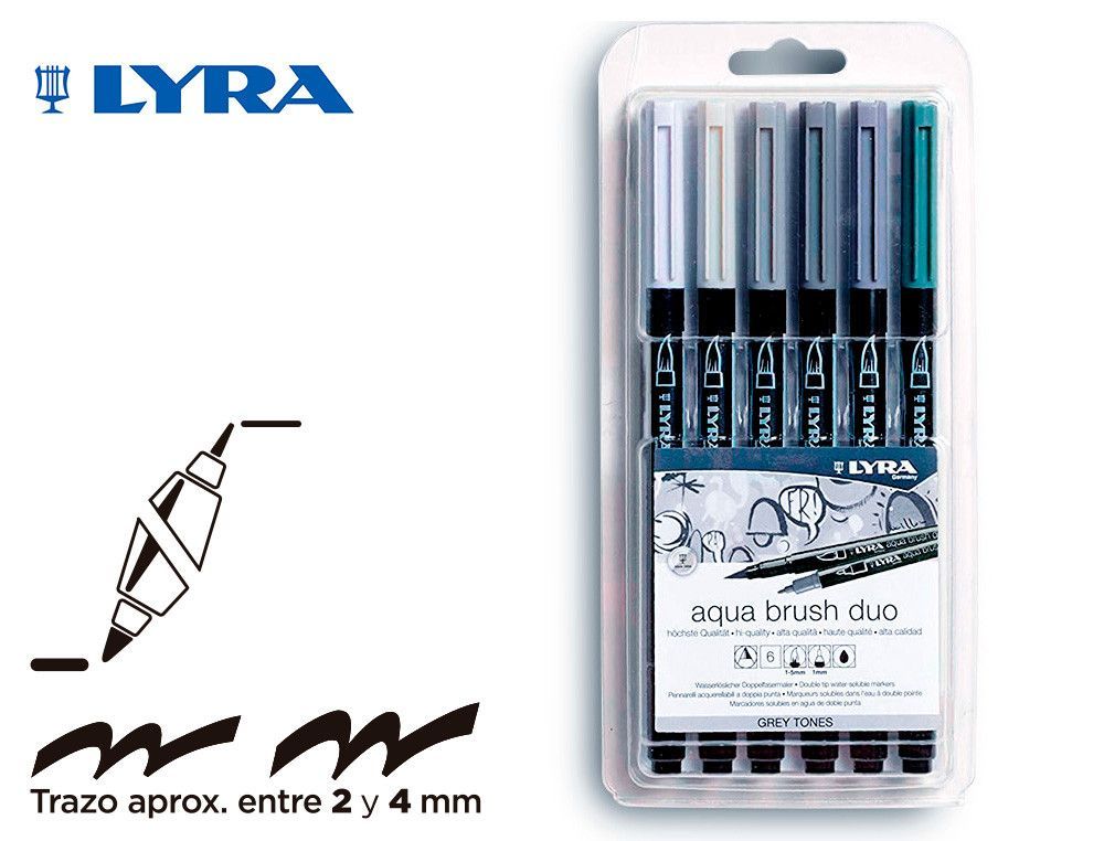 Rotulador lyra aqua brush acuarelable doble punta y pincel tonos grises blister de 6 unidades surtidas