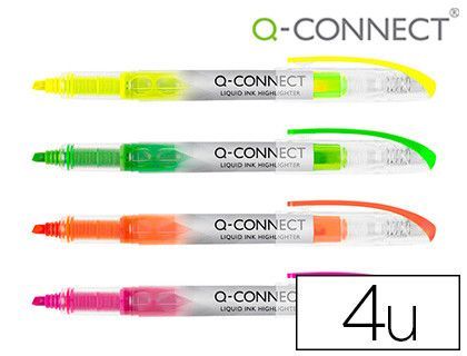 Rotulador q-connect fluorescente punta biselada tinta liquida bolsa de 4 unidades colores surtidos