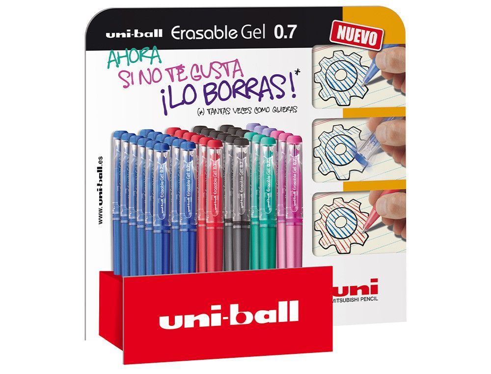 Rotulador uni-ball roller uf-222 tinta gel borrable 0,7 mm expositor de 36 unidades colores surtidos