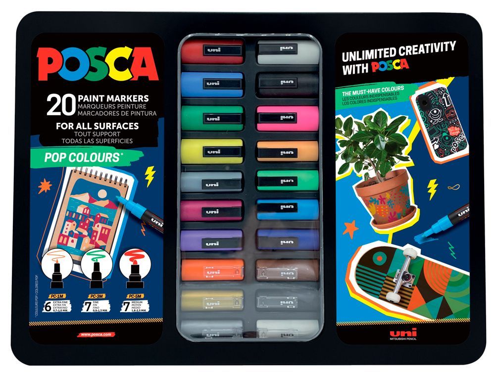 Rotulador uni posca pop colours marcador de pintura punta conica maletin metalico de 20 unidades colores