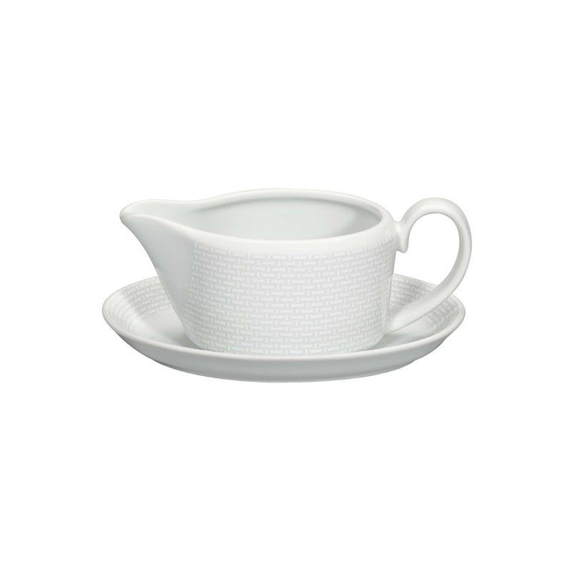 Salsera con plato de porcelana en blanco, 19,1 x 13,2 x 7,8 cm | Cesta