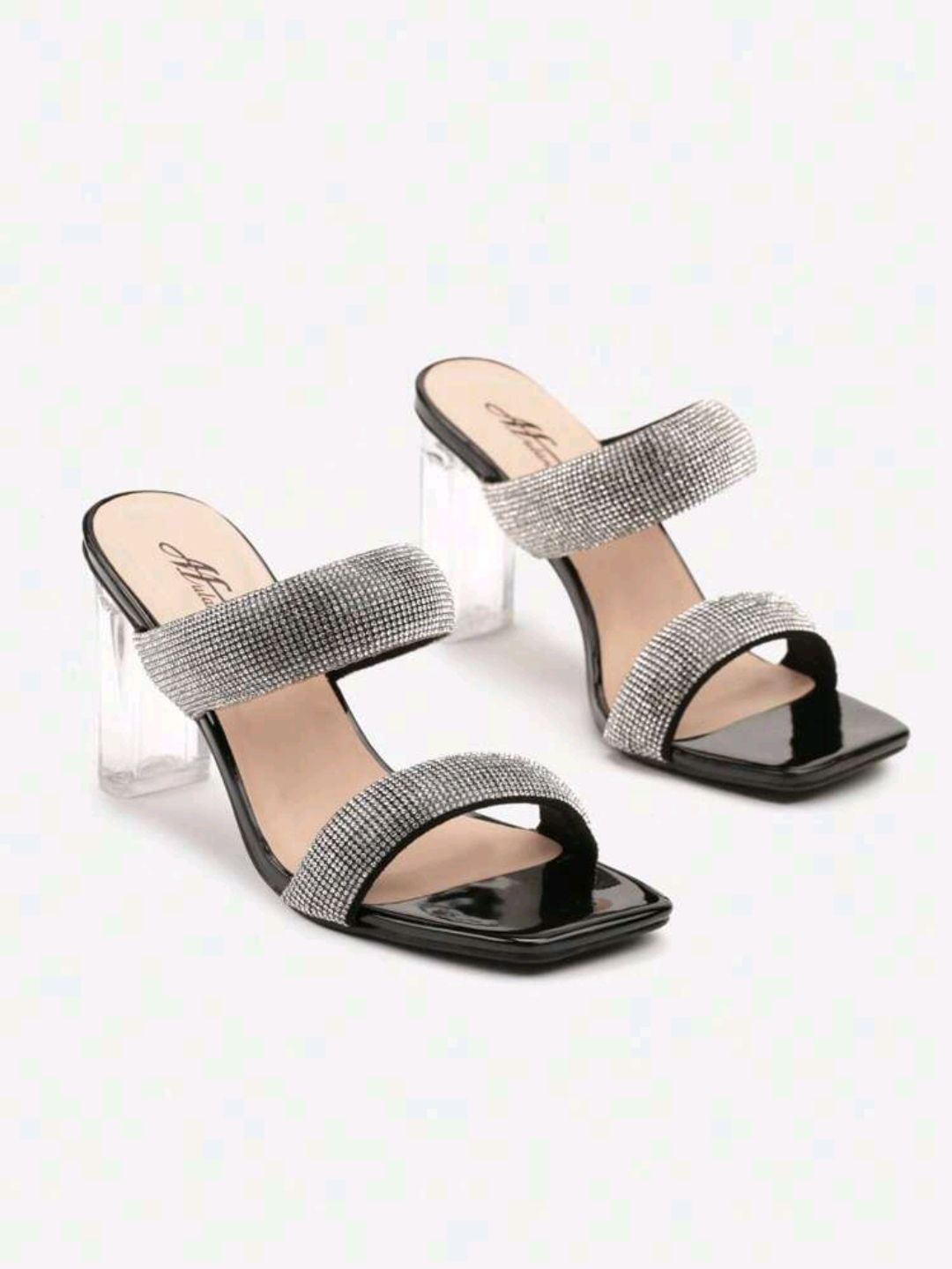 Sandalia Tacón Transparente Doble tira Strass Negro