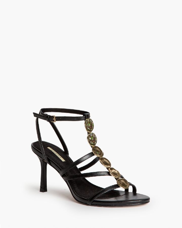 Sandalias negras de tacón alto mujer con detalle metálico en empeine