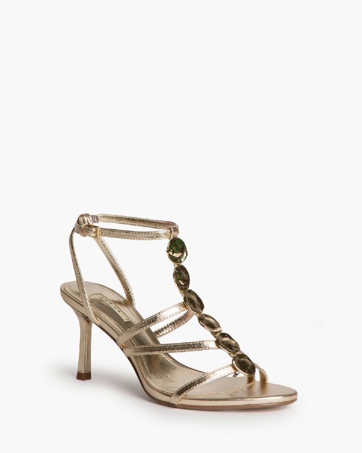 Sandalias oro de tacón alto mujer con detalle metálico en empeine