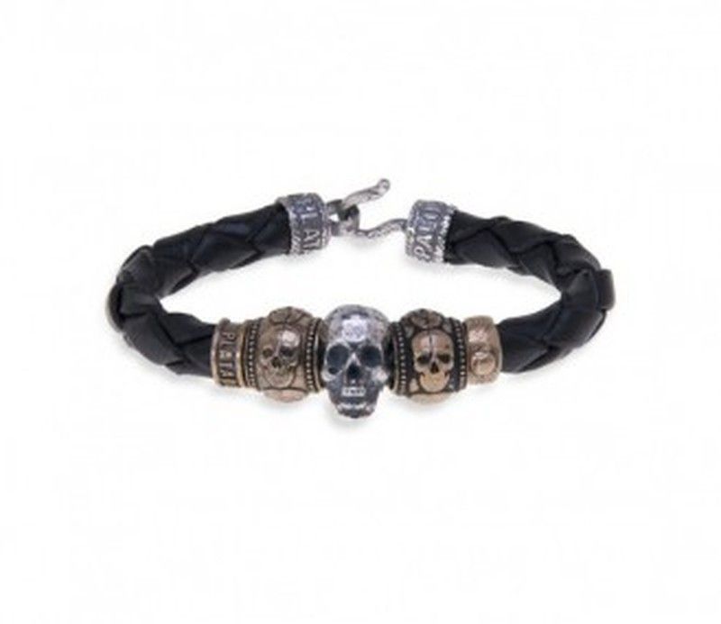 SB042X Pulsera Plata de Palo Skull cuero trenzado negro y calaveras en plata y bronce