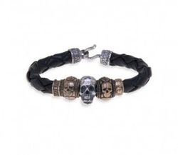 SB042X Pulsera Plata de Palo Skull cuero trenzado negro y calaveras en plata y bronce