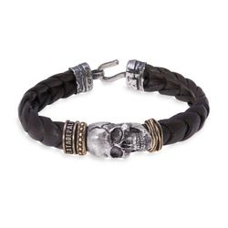 SB047A Pulsera Plata de Palo SKULL de hombre moderna calavera cuero trenzado