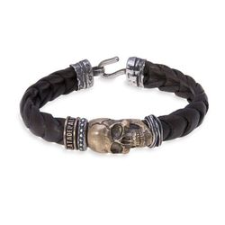 SB047B Pulsera PLATA DE PALO Skull hombre calavera cuero trenzado