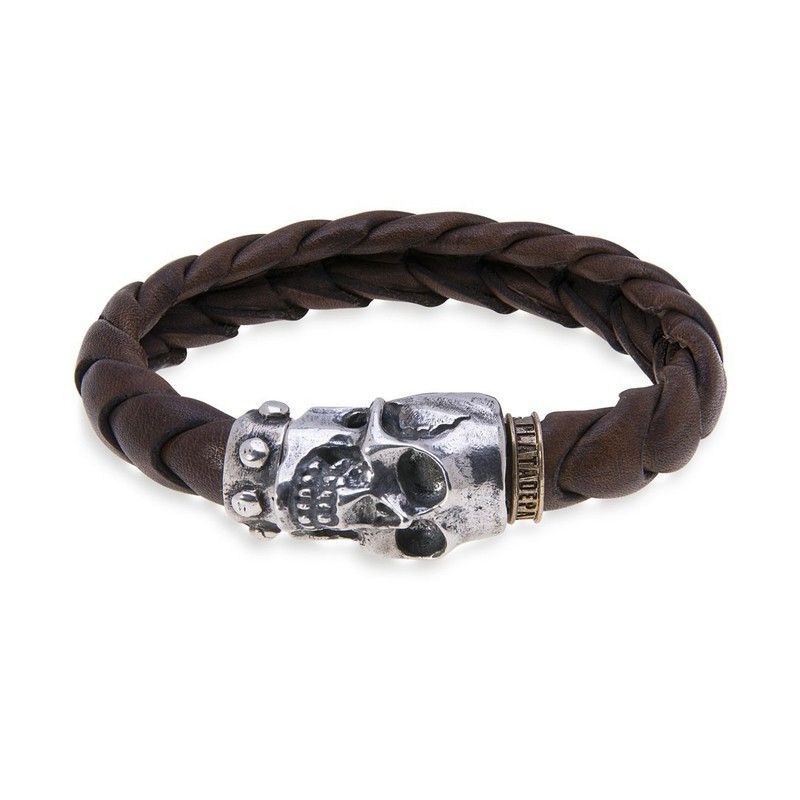 SB049A Pulsera PLATADEPALO Skull hombre calavera de plata en cuero