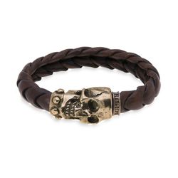 SB049B Pulsera Plata de Palo SKULL hombre cuero trenzado muy elegante