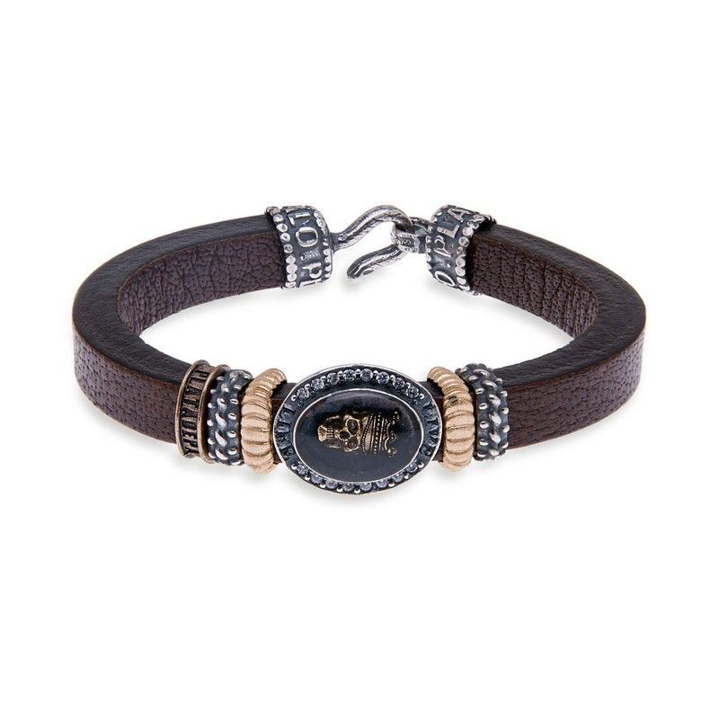 SB066A Pulsera PLATA DE PALO SKULL Calavera cuero piezas de bronce
