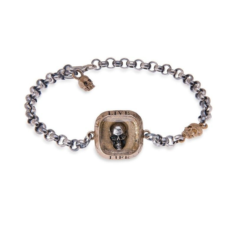 SB068B PULSERA SKULL PLATA DE PALO calavera intercalada cadena plata de ley
