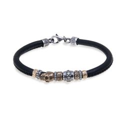 SB079X Pulsera Plata de Palo cuero natural, plata y calavera