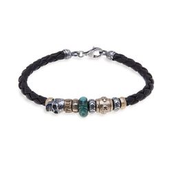 SB082X Pulsera Plata de Palo cuero trenzado plata y malaquita
