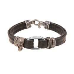 SB092X Pulsera Plata de Palo cuero calavera Skull
