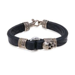 SB093X Pulsera Plata de Palo Skull hombre de cuero
