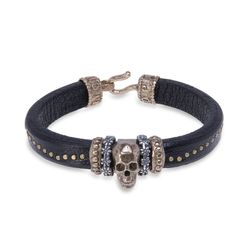 SB114X Pulsera Plata de Palo de cuero con calavera de bronce y piezas de Plata 925 y bronce de alta joyería que deja una impresión duradera con su estilo moderno