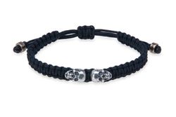 SB123N Pulsera PLATA DE PALO unisex autoajustable de nylon negro con dos calaveras de plata 925 colección Nívaro