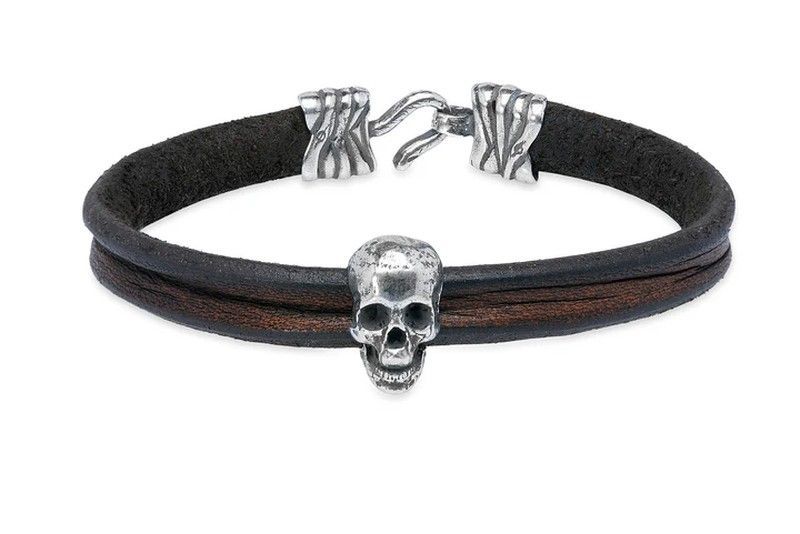 SB202X Pulsera Sakum PLATA DE PALO con calavera de plata y cuero, cierre de gancho sólido