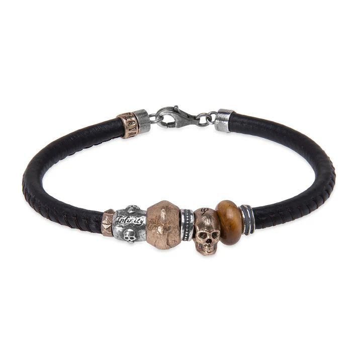SB211X Pulsera PLATA DE PALO original y moderna de cuero con calavera de bronce y resina ojo de tigre
