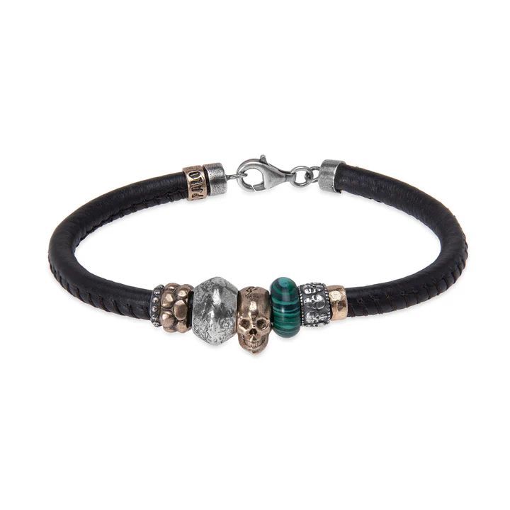SB212X Pulsera PLATA DE PALO de cuero con calavera de bronce y resina jade