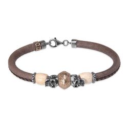 SB214X Pulsera PLATA DE PALO unisex modelo Ishi de cuero con calaveras en plata de ley, bronce y dos resinas blancas