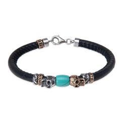SB216X Pulsera Plata de Palo unisex de cuero con calaveras y resina jade