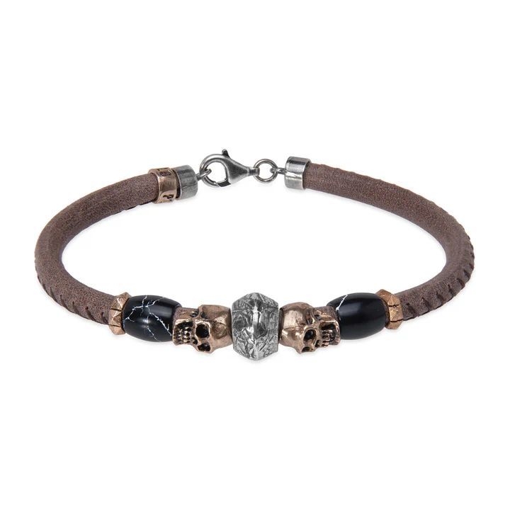 SB21X Pulsera Plata de Palo unisex de cuero con calaveras de bronce y resinas negras cierre mosquetón