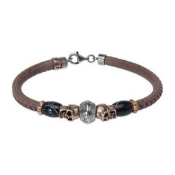 SB21X Pulsera Plata de Palo unisex de cuero con calaveras de bronce y resinas negras cierre mosquetón