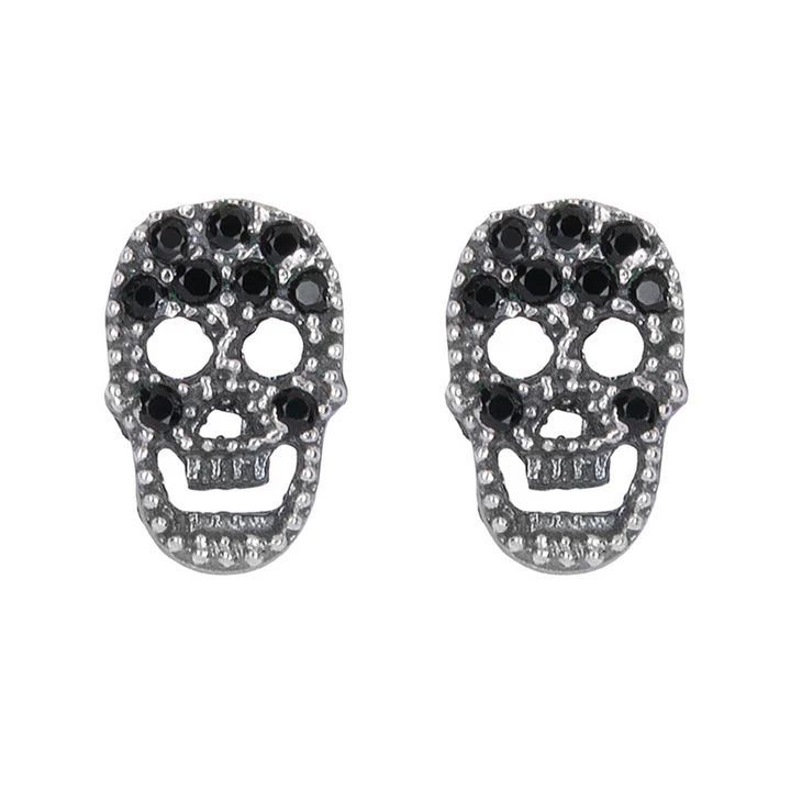 SE007X Pendientes PLATA DE PALO unisex con calavera de plata y circonitas negras