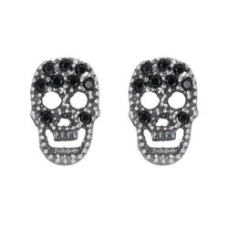 SE007X Pendientes PLATA DE PALO unisex con calavera de plata y circonitas negras