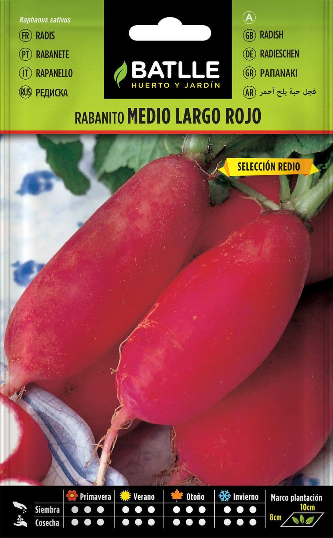Semilla hortícola de rabanito datil rojo sel. redio, rabanete, raphanus sativus