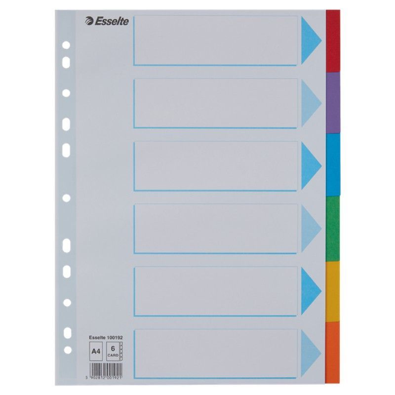 Separadores multitaladro. DIN A4. Cartulina índice color. Pestañas cartón 200g. 1-6, multicolor