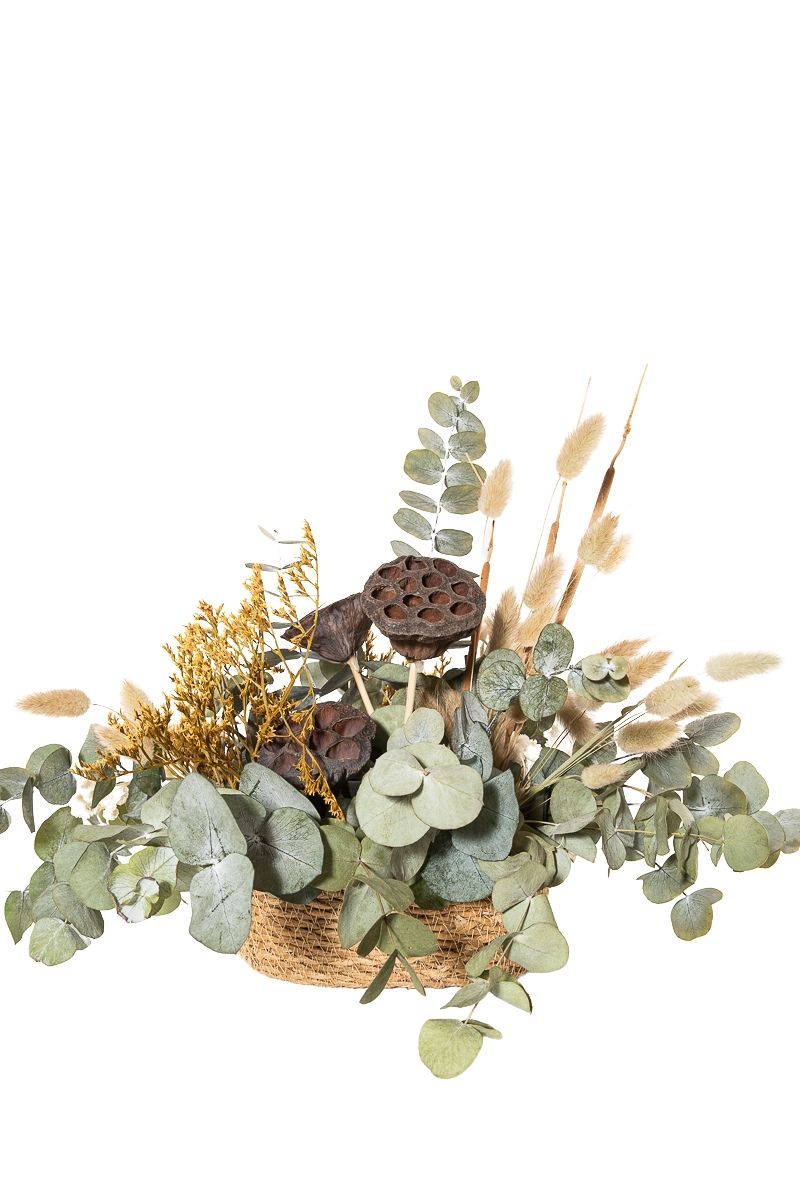 Sereno centro de flores secas y preservadas en tonos naturales