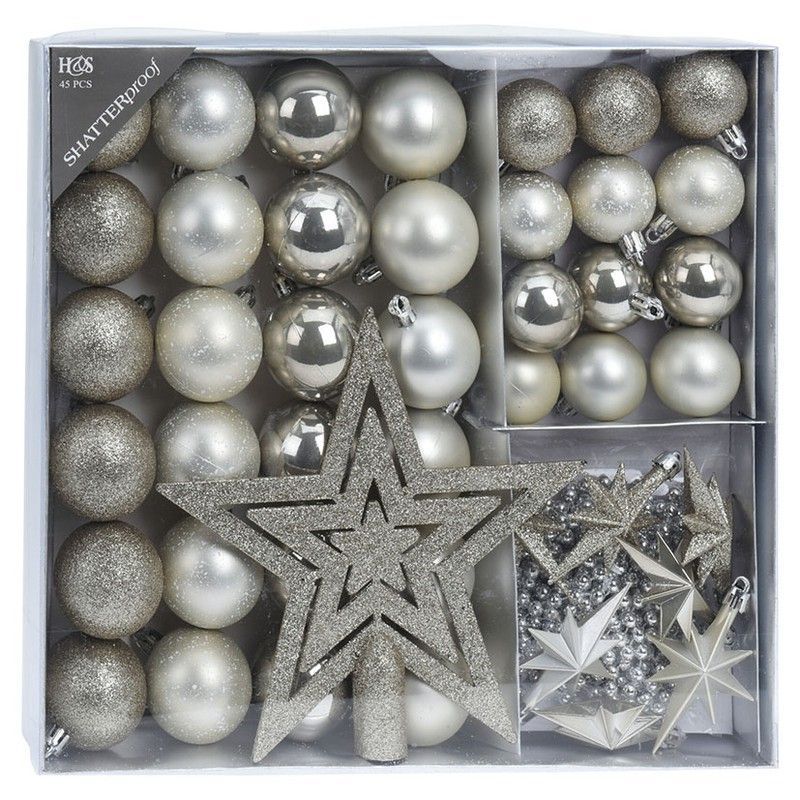 Set 45 adornos árbol blanco nieve.
