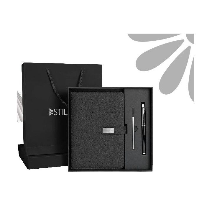 Set Block + Bolígrafo Plástico ST16/1K Negro Bicolor Plateado