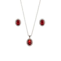 Set Colgante - Pendientes Plata 11mm SEC0001RHZR Circonita Roja Ovalada