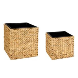 Set de 2 maceteros de jacinto natural/negro, 36,5 x 36,5 x 37 cm