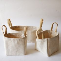 Set de 3 cestas de algodón con asas en rafia