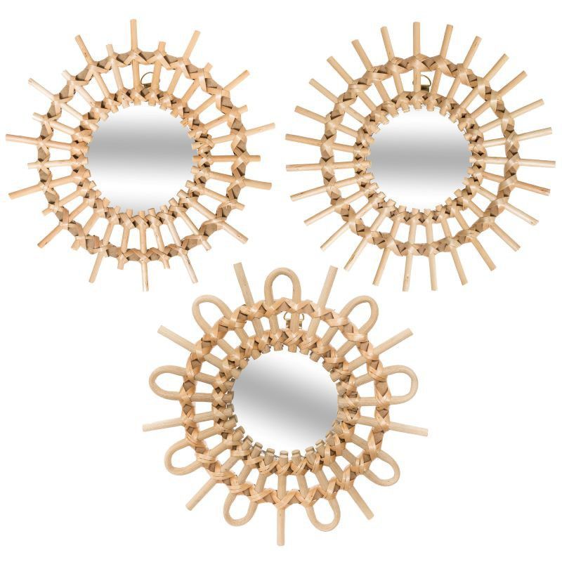 Set de 3 espejos redondos de mimbre Sol diametro 28 cm