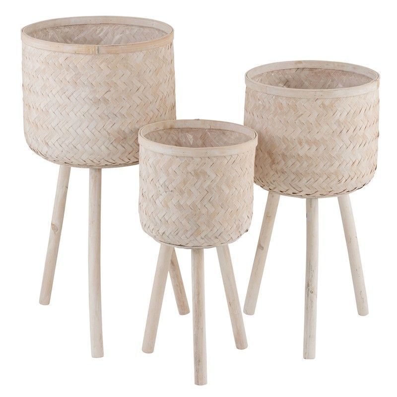 Set de 3 Maceteros con Patas de Bambú/Plástico, Ø37x76 cm