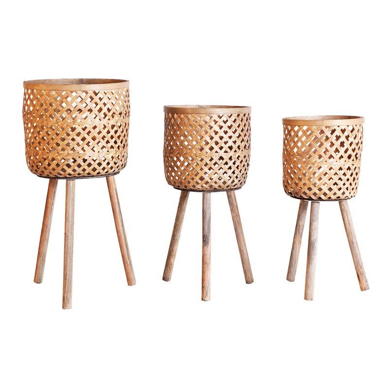 Set de 3 maceteros de bambú en natural, Ø x 34 x 70 cm