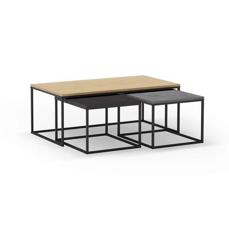 Set de 3 mesas de centro de madera en color roble, negro y gris, 110-55,8 x 60-48 x 41,8-35,6 cm | Camelia