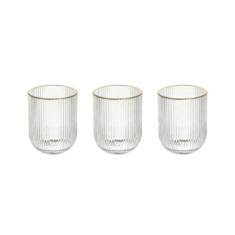 Set de 3 vasos de cristal en transparente y oro, 7,5 x 7,5 x 10 cm | Eclipse