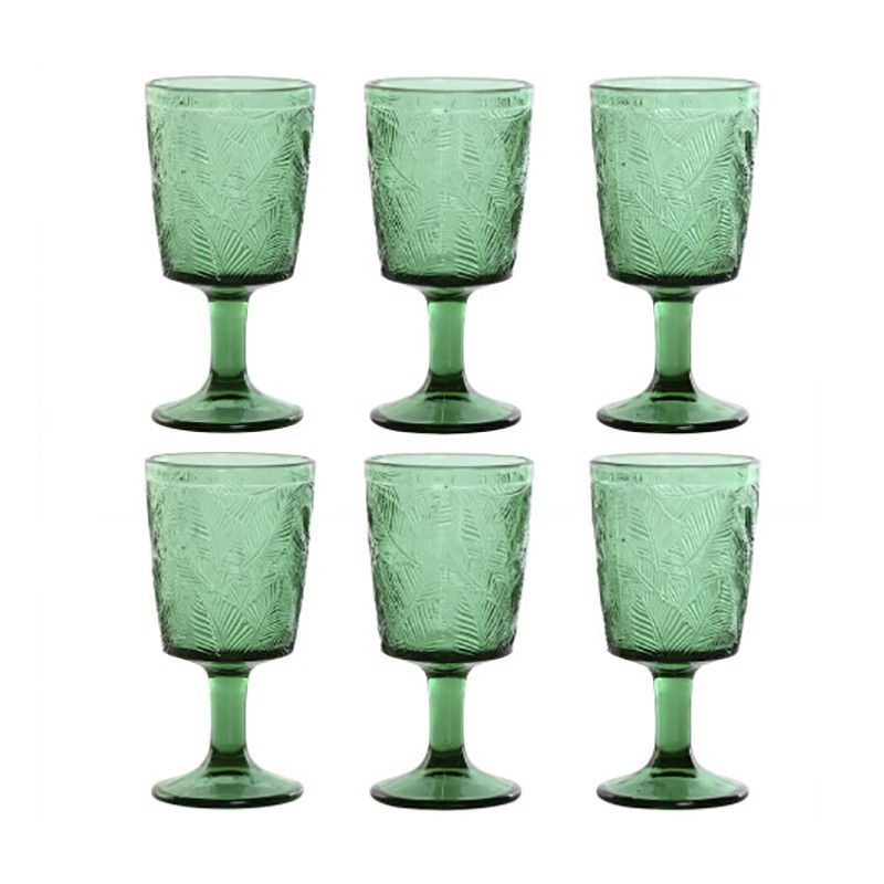 Set de 6 copas de vino de cristal en verde, 8 x 8 x 15,5 cm | Hojas