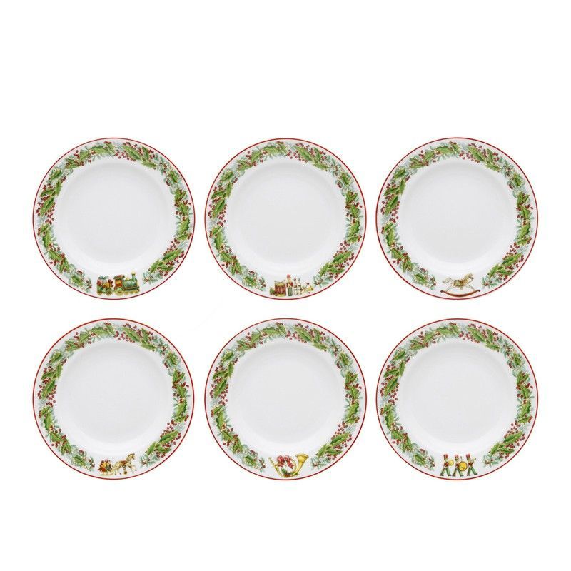 Set de 6 platos hondos de porcelana blanco, verde y rojo, Ø 22,8 x 3,6 cm | Christmas magic